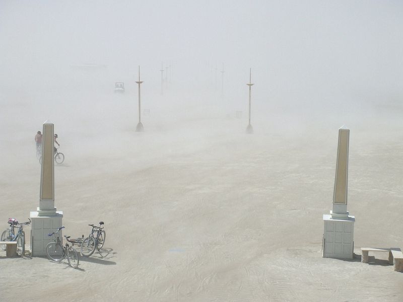 View from the obelisk under Burning Man, looking toward Center Camp during near white-out conditions.